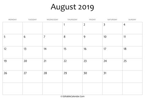 August 2019 Printable Calendar With Holidays