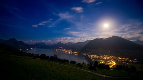 Lake Lucerne Wallpaper 4k Switzerland Moon Light