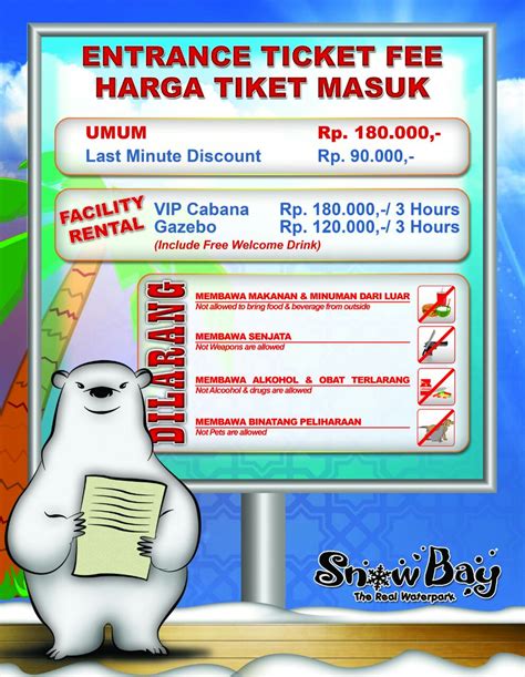 Pengelola tempat wisata menetapkan harga tiket masuk berbeda untuk hari kerja dan hari libur, serta memberi perbedaan harga bagi wisatawan dalam negeri. SNOWBAY TMII on Twitter: "Daftar harga tiket masuk snowbay di hari raya lebaran! Haraga ini ...