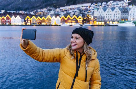 Woman Taking A Selfie Bergen Norway Stock Photo
