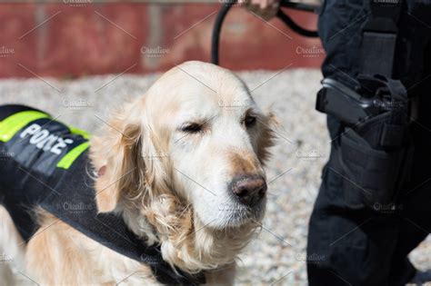 Police Dog With Distinctive Featuring Golden Retriever And Dog High