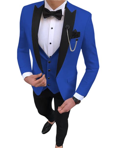 New Royal Blue Men Suit 3 Piece Slim Fit Casual Black Lapel Groomsmen