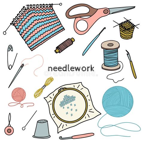 Set Of Elements On The Theme Of Needlework Color Vector Illustration