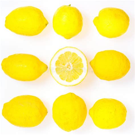 Composition With Nine Lemons One Of Them Cut In Half Photo Flat Lay