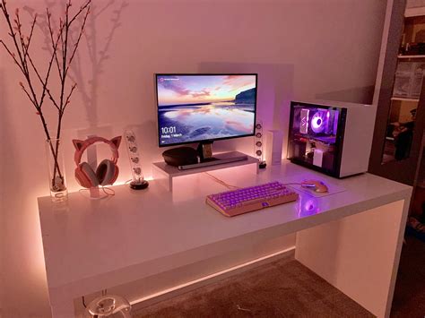 Light Pink Desk Setup Led Lights 💡💡💡 In 2021 Bedroom Setup Gaming