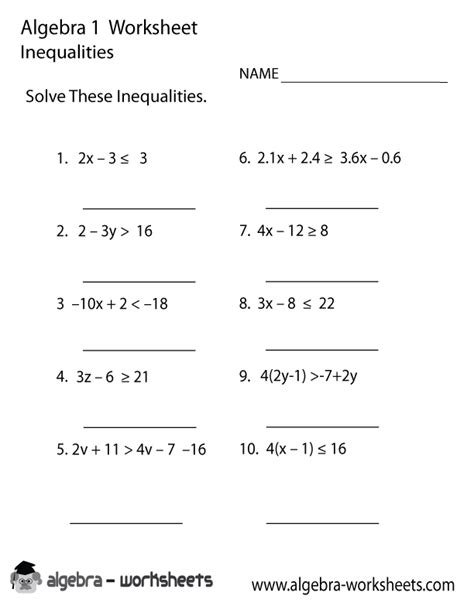Inequalities Algebra 1 Worksheet Printable Algebra Worksheets