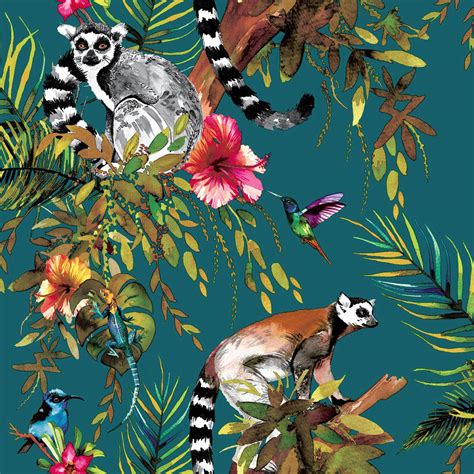 Holden Decor Lemur Jungle Smooth Teal Background Wallpaper Homebase