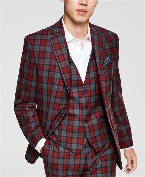 bar iii men s slim fit red gray plaid suit jacket created for macy s macy s