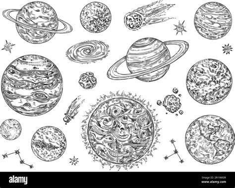 Sketch Solar System Planets Hand Drawn Comet Moon Star Galaxy And