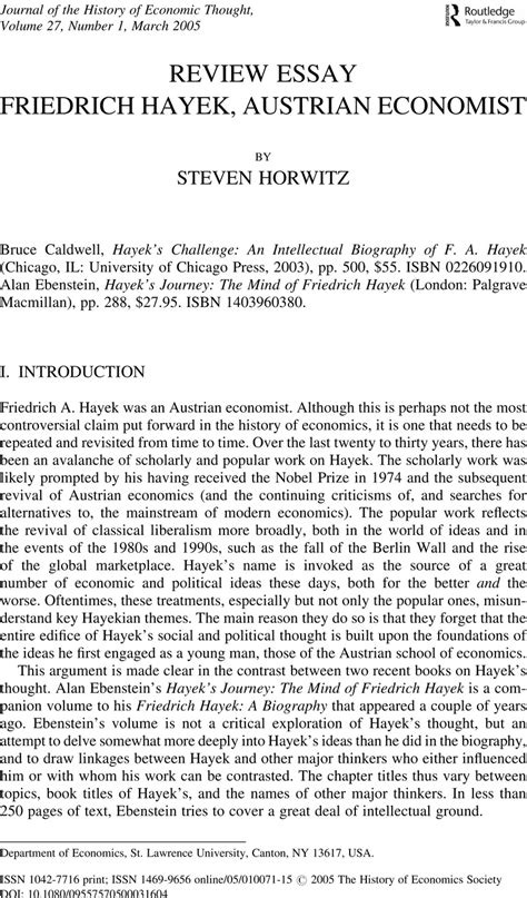 Friedrich Hayek Austrian Economist Journal Of The History Of
