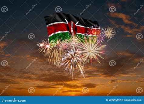 Flag Of Kenya And Holiday Fireworks In Sky Stock Photo Image Of
