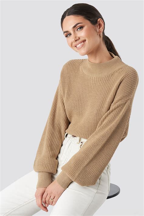 Volume Sleeve High Neck Knitted Sweater Beige Na Kd