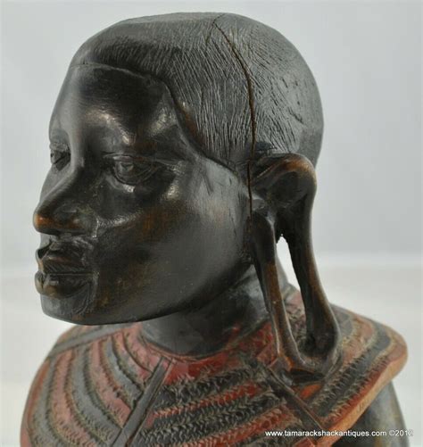 Old African Carved Bust Statuette Nude Maasai Woman Stretched Ear Lobes