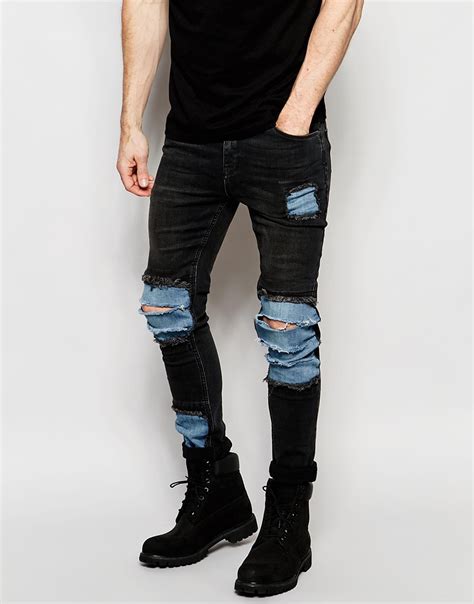 Asos Super Skinny Jeans With Mega Rip And Repair In Washed Black In