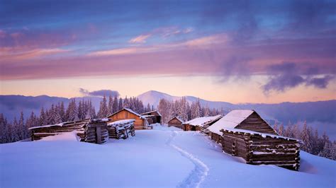 Download 1366x768 Wallpaper Houses Winter Landscape