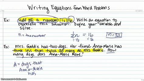 Writing Equations From Word Problems Youtube