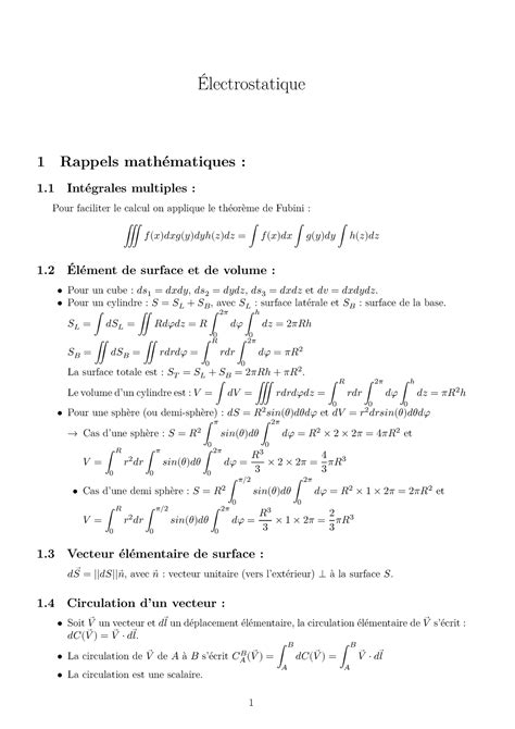 Résum électrostatique Électrostatique 1 Rappels Mathématiques 1