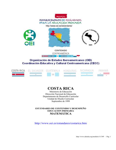 Costa Rica Est Ndares De Contenido Y Desempe O En Matem Tica Pri