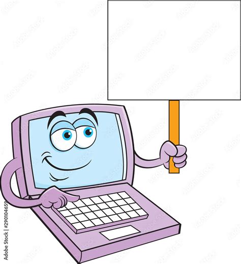 Cartoon Illustration Of A Happy Laptop Computer Holding A Sign Stock