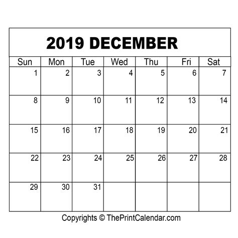 December 2019 Printable Calendar Template Pdf Word And Excel