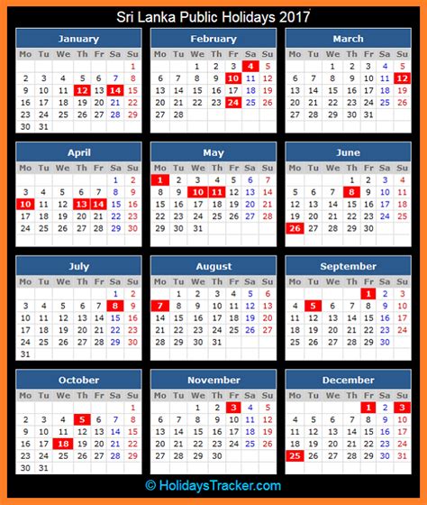 Malaysia holidays calendar 2020 in printable format has provided here with detailed public holidays in pdf, word format. Sri Lanka Public Holidays 2017 - Holidays Tracker