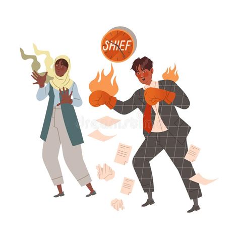 angry chief in boxing gloves fighting against stressed female employee wearing hijab evil boss