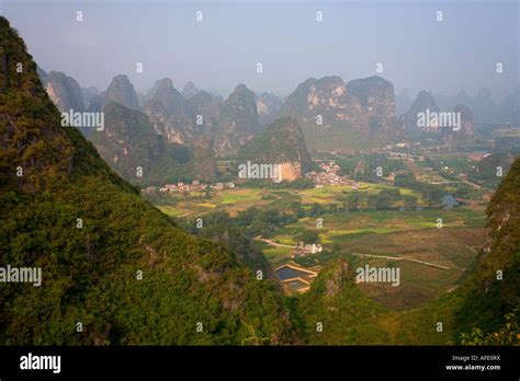 Karst Landscape Of Yangshuo From Moon Hill Guanxi Province China Stock