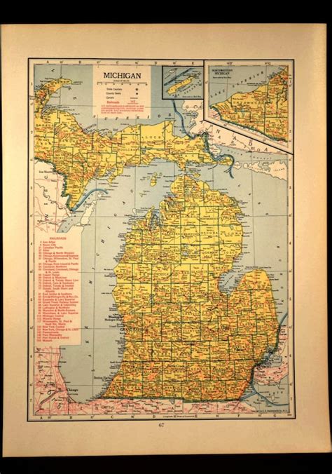 Michigan Map Michigan Vintage Railroad State 1940s Yellow