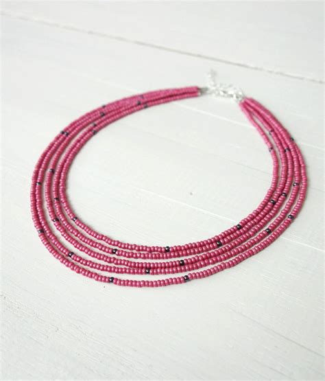Pink Seed Beads Choker Necklace Multi Stranded Gray Beaded Necklace