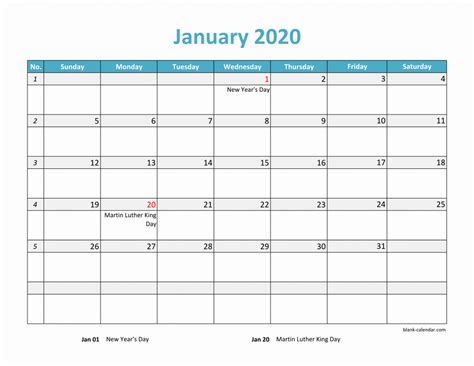 Free Download 2020 Excel Calendar Large Boxes In The Grid Horizontal