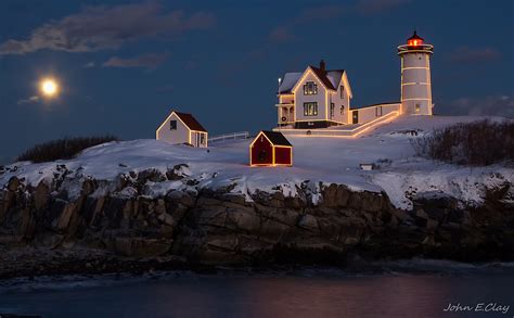 Landscape Night Lighthouse House Light Lights Moon Sea Cliff