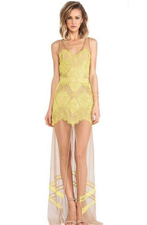 Sheer Mesh Lace Yellow Maxi Dress Crochet Maxi Dress Yellow Maxi