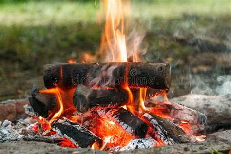 Campfire With Burning Woods In The Flame Closeup Shot Stock Image