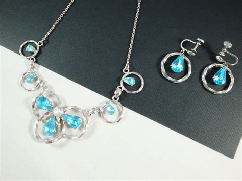 Vintage Blue Rhinestone Necklace And Earrings Rhinestone Sterling