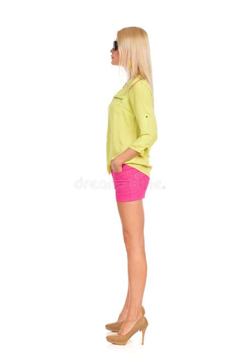 Beautiful Standing Blond Woman Side View Stock Photo Image Of Shirt