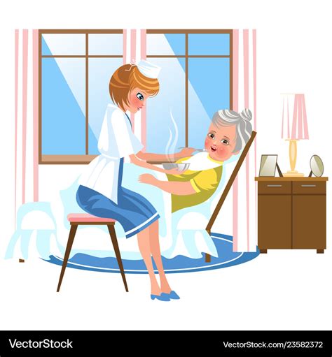 Cartoon Sweet Nurse Feeding Old Lady In Bed Vector Image