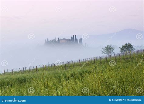 Tuscany Landscape At Sunrise Typical For The Region Tuscan Farmhouse