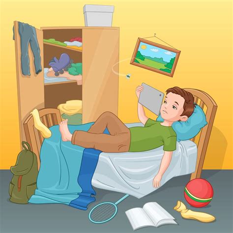 Lazy Boy Lying On Bed With Tablet Vector Illustration 3507109 Vector