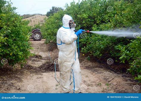 Spray Ecological Pesticide Farmer Fumigate In Protective Suit And Mask