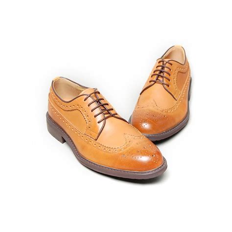 Mens Light Brown Leather Wing Tip Longwing Brogues Oxford Shoes
