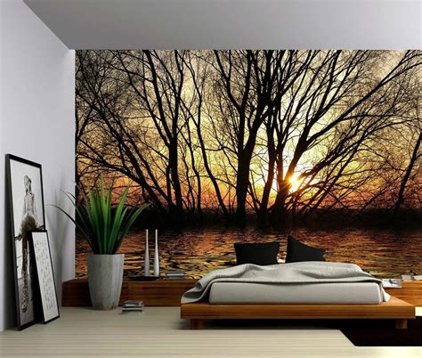 Sun Tree Autumn Forest Lake Large Wall Mural Self