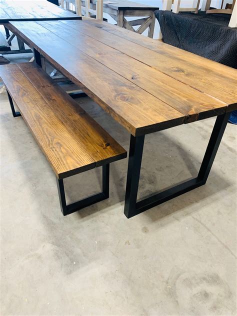 Industrial Farmhouse Table With Bench Rustic Steel Black Legs