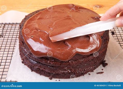 Spreading Chocolate Ganache On The Cake Stock Image Image Of Close Sweet