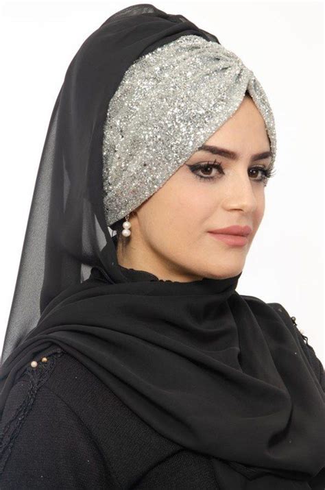 Aişe Tesettür Siyah Gümüş Hazır Abiye Simli Şal 1 Hijab Fashion