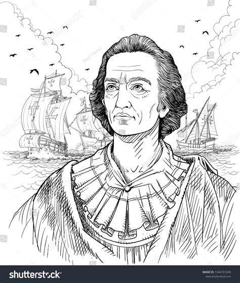 Christopher Columbus 1451 1506 Portrait In Line Art Illustration He