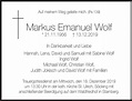 Traueranzeige - Herr Markus Wolf - Zirngibl Bestattungen GmbH
