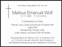 Traueranzeige - Herr Markus Wolf - Zirngibl Bestattungen GmbH