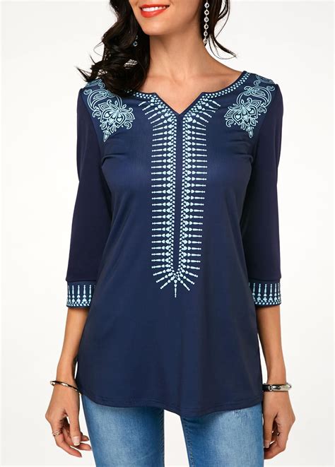 Split Neck Printed Navy T Shirt Usd 2741 Liligal