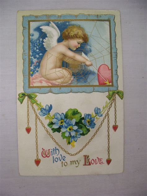 Vintage Embossed Valentines Postcard Cupid Warrow And Spiderweb