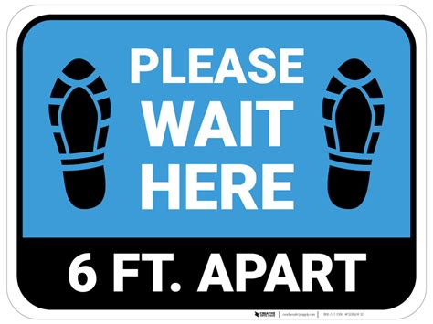 Please Wait Here 6 Ft Apart Shoe Prints Blue Rectangle Floor Sign